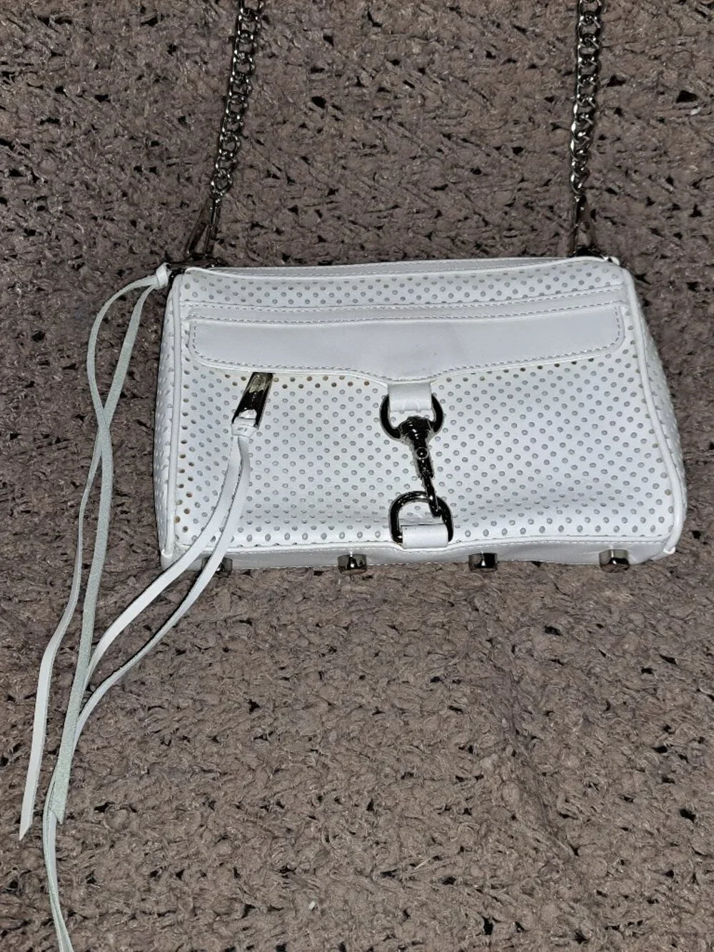 REBECCA MINKOFF-Blythe Crossbody-White Perforated Leather-Fringe Zips-Near Mint